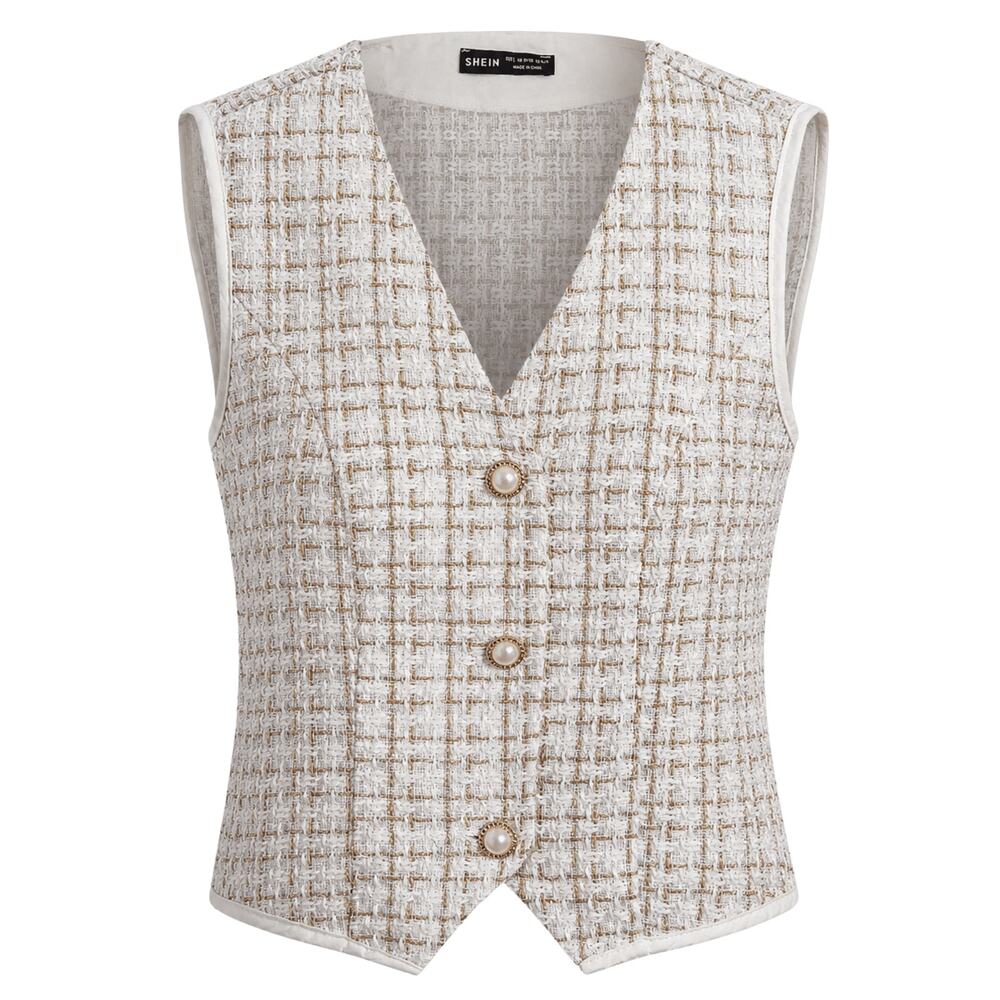 SHEIN Women’s Tweed Vest Size 8/10 Cream Gold Sleeveless Button Front Chic Top